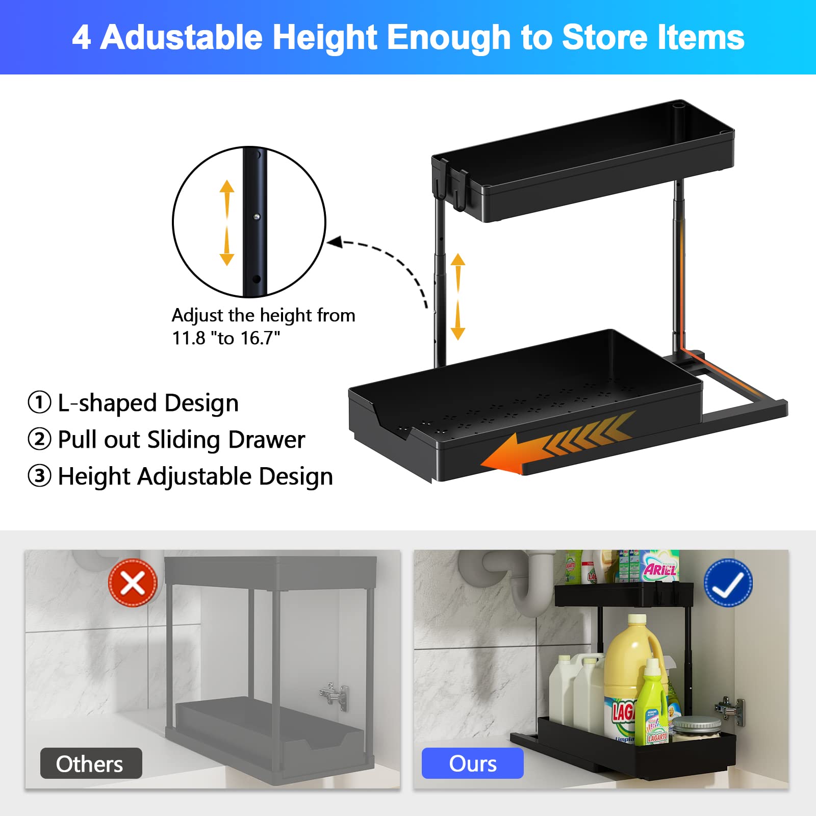 FOLLOWIN Adjustable Height Under Sink Organizers and Storage 2 Pack,Pull Out Under Kitchen Sink Organizer,2 Tier Multi-use Under Bathroom Sink Sliding Organizer