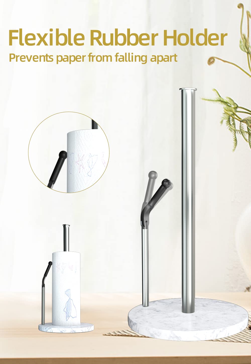 Paper Towel Holder Countertop,Marble Paper Towel Stand with Weighted Base,One-Handed Operation Standing Paper Towel Roll Holder for Kitchen Organization(Brushed Nickel)