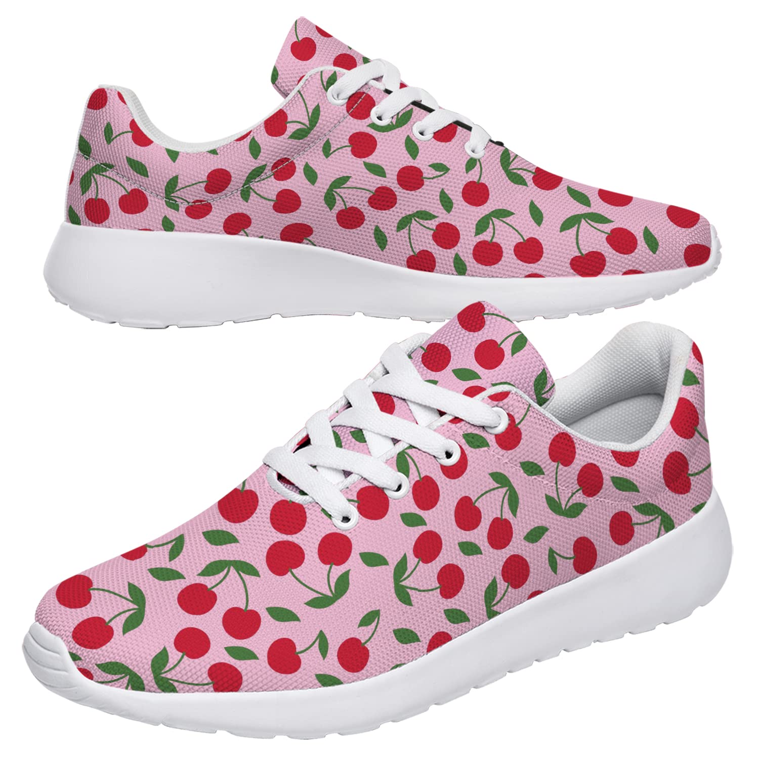 vogiant Womens Girls White Pink Cherry Fruit Print Shoes,Personalized Soft Comfortable Tennis Walking Sneaker Gifts for Granddaughter,US Size 9 Women/7.5 Men