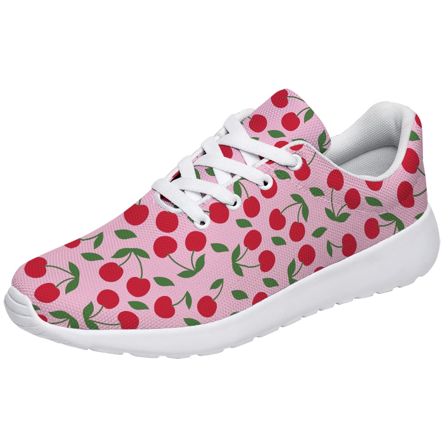 vogiant Womens Girls White Pink Cherry Fruit Print Shoes,Personalized Soft Comfortable Tennis Walking Sneaker Gifts for Granddaughter,US Size 9 Women/7.5 Men