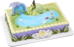 decoset® disney princess tiana cake topper, 3-piece cake decoration with tiana and frog figurine, water lily pic, and background scenery pic