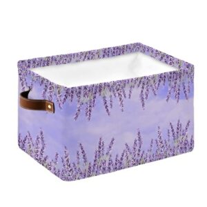 1 Pack Lavender Flower Cube Storage Organizer Bins with Handles,Collapsible Canvas Cloth Fabric Storage Basket,Ombre Purple Spring Watercolor Books Kids' Toys Bin Boxes for Shelves,Closet