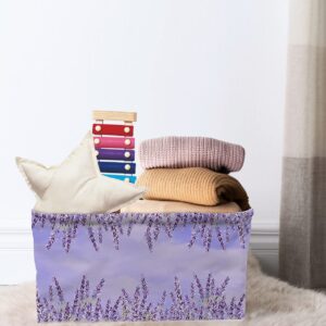 1 Pack Lavender Flower Cube Storage Organizer Bins with Handles,Collapsible Canvas Cloth Fabric Storage Basket,Ombre Purple Spring Watercolor Books Kids' Toys Bin Boxes for Shelves,Closet