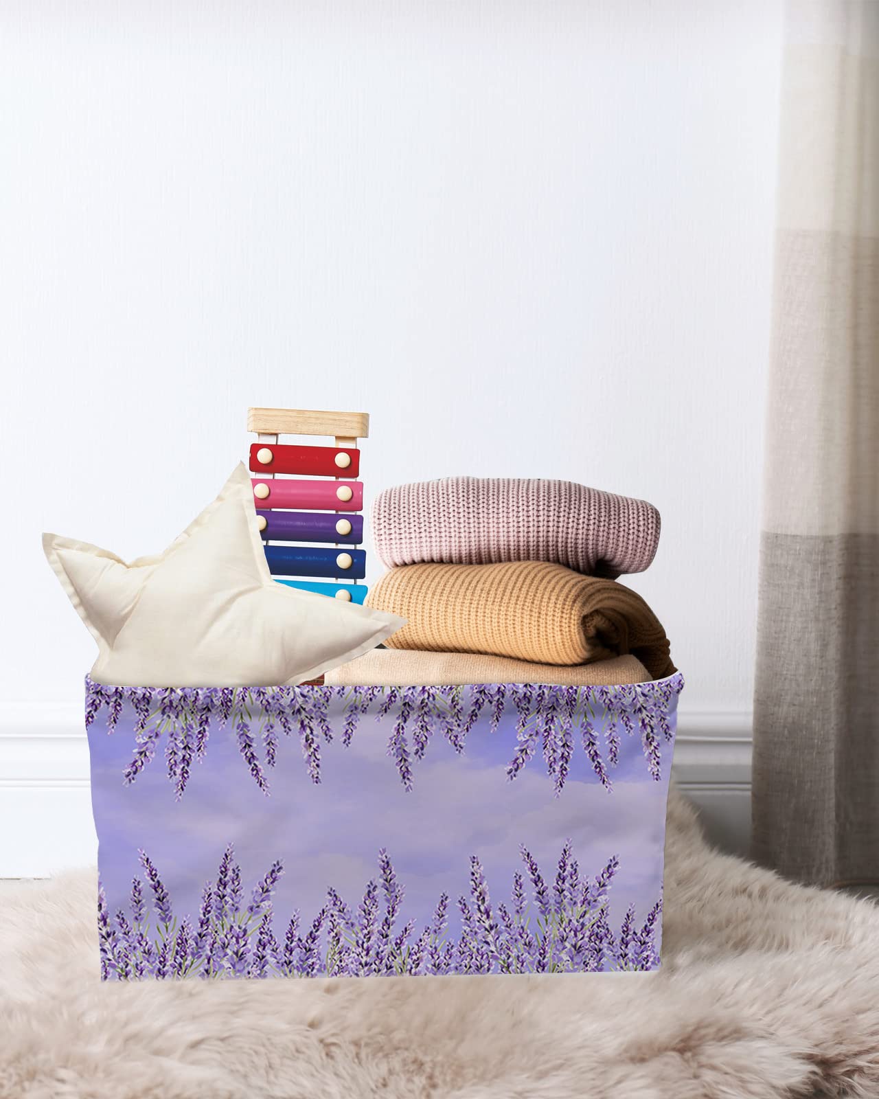 1 Pack Lavender Flower Cube Storage Organizer Bins with Handles,Collapsible Canvas Cloth Fabric Storage Basket,Ombre Purple Spring Watercolor Books Kids' Toys Bin Boxes for Shelves,Closet