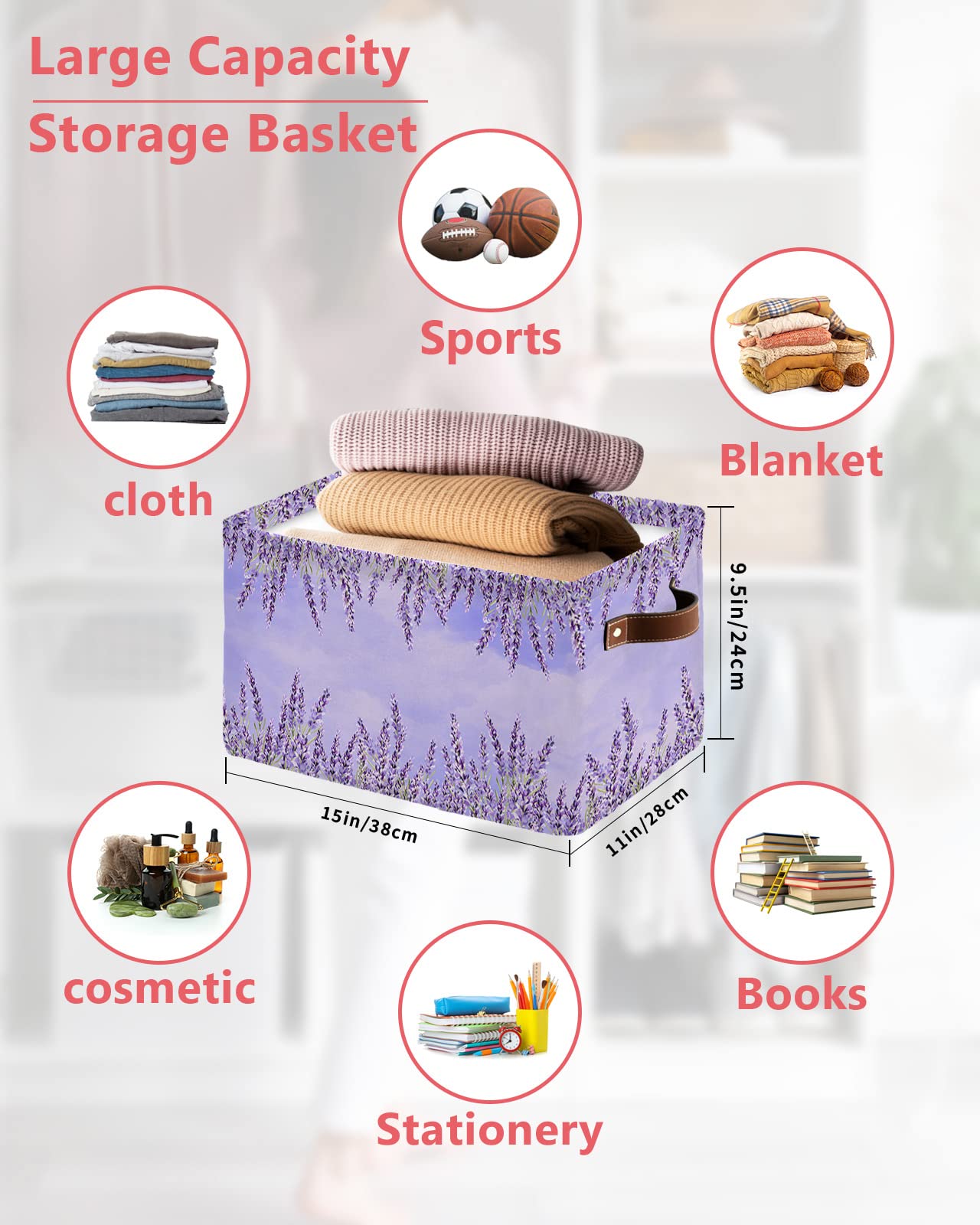 1 Pack Lavender Flower Cube Storage Organizer Bins with Handles,Collapsible Canvas Cloth Fabric Storage Basket,Ombre Purple Spring Watercolor Books Kids' Toys Bin Boxes for Shelves,Closet