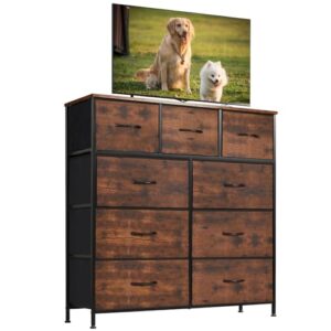 sweetcrispy dresser for bedroom with 9 fabric drawers, tall chest storage tower, organizer units for clothing closet, kidsroom furniture, steel frame, wood top, lightweight quick assemble cabinet