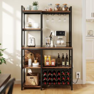 yitahome kitchen microwave bakers stand wine rack, coffee bar storage for liquor glasses power outlet, wine rack freestanding floor tall farmhouse shelf dining room hutch 35 inch large, rustic brown