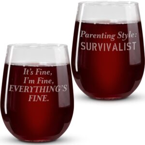 on the rox drinks wine gifts for moms - 17oz everything's fine and survivalist stemless wine glass set of 2 - funny mom gifts for mother's day, christmas, birthday - daughter's best mom ever gift