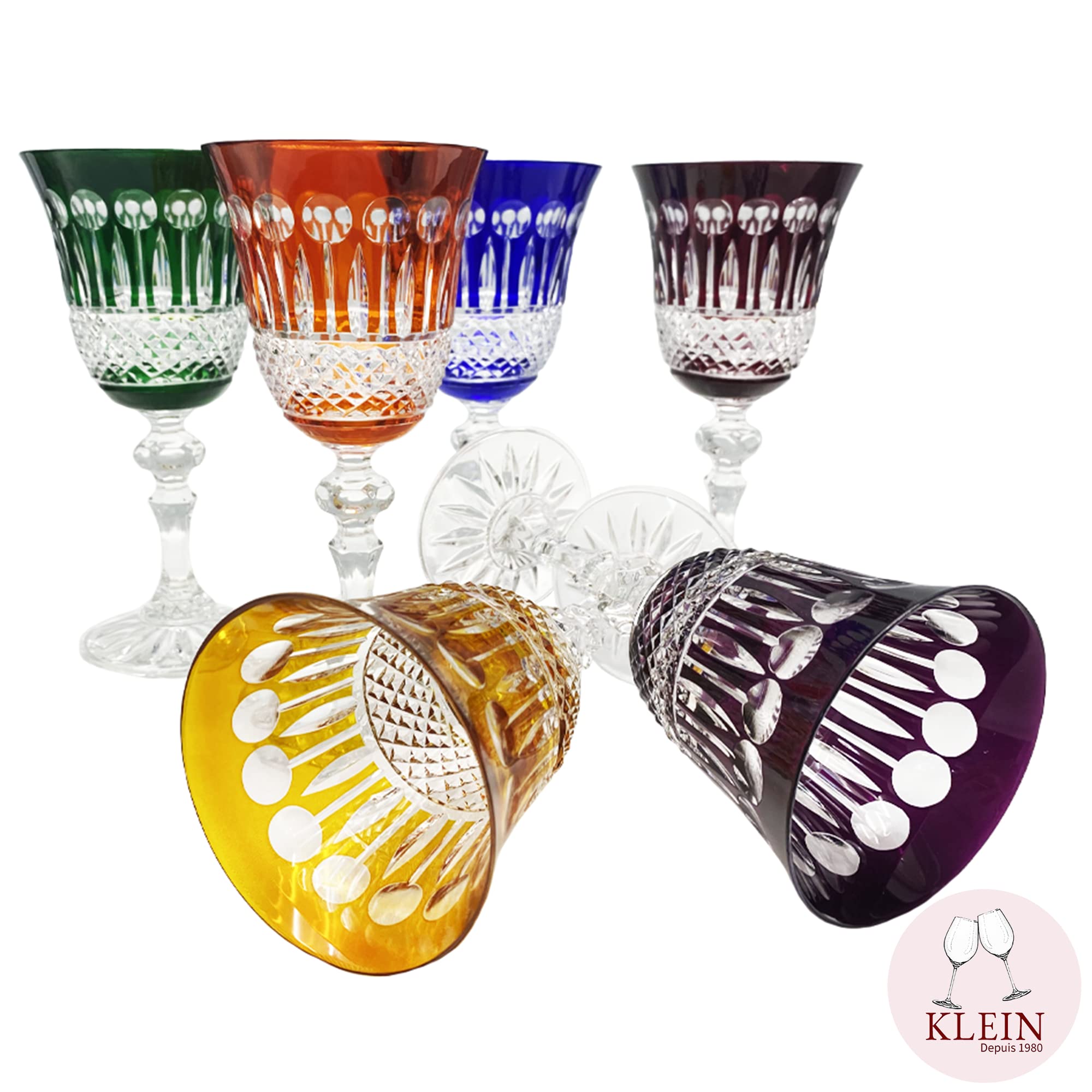 6 Red/White Wine Water Crystal Glasses - 6 Colors Assortments - Roemer Service Diamant (22cl) - Klein House - Company : Artisan du Cristal - Gift Set - Stamped : Klein 54120 Baccarat France