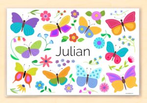butterflies personalized placemat for kids, 18 inches x 12 inches, laminated, by art appeel