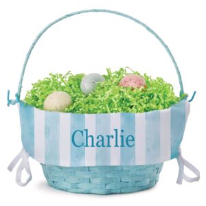 personalized easter egg basket with handle and custom name | blue striped easter basket liners | blue basket | woven easter baskets for kids | customized easter basket | personalized gifts for easter