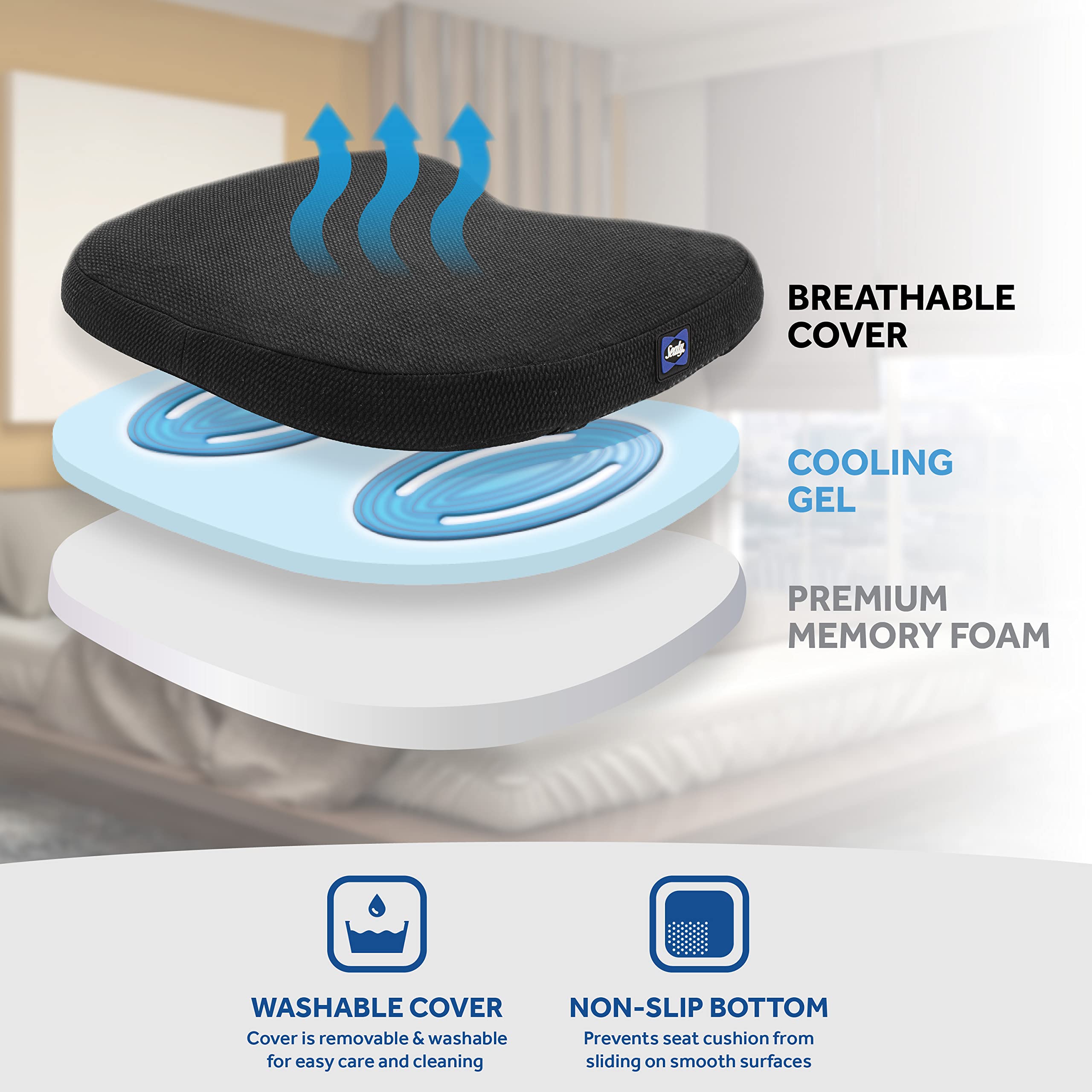 SEALY - Slim Seat Cushion with Cooling Gel - Premium Memory Foam for Comfortable Seating, Contoured Support, Breathable Cover, Non-Slip Bottom, Machine Washable - Perfect for Home, Office, or Car