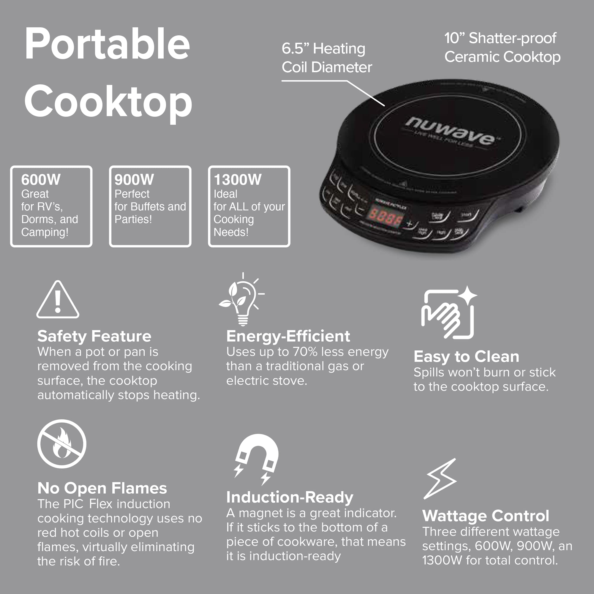 Nuwave Flex Precision Induction Cooktop, 10.25” Shatter-Proof Ceramic Glass, 6.5” Heating Coil, 45 Temps from 100°F to 500°F, 3 Wattage Settings 600, 900 & 1300 Watts (Renewed), Black