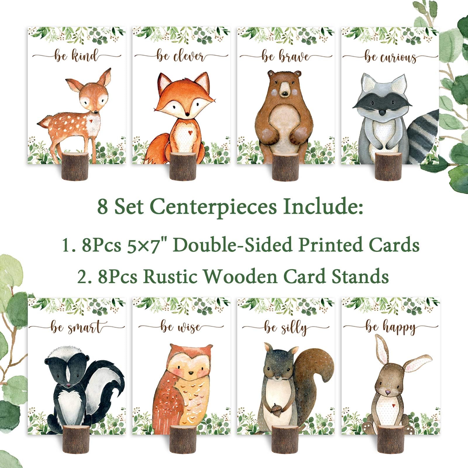 8Pcs Woodland Centerpieces and Wooden Stands, Woodland Animal Baby Shower for Table Decorations, Double Side Forest Themed Birthday Party Supplies, Wild One Birthday Party Decorations for Boys Girls