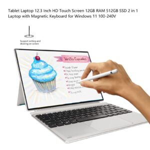 12.3 Inch Laptop, 2 in 1 IPS HD Touch Screen Laptop for Windows11, 12GB Memory 512GB SSD, with Magnetic Keyboard, Multiple Ports, Tablet Laptop for Home, Office
