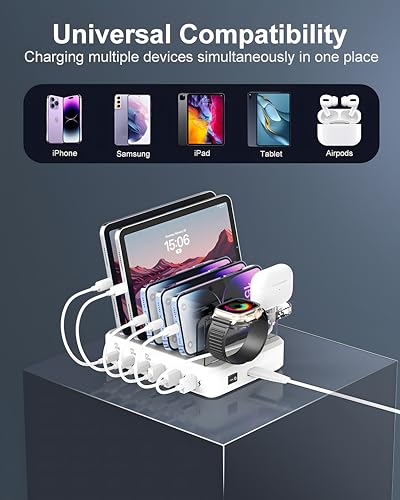 TYCRALI USB C Charging Station - 100W 6 Port Charger Station with 3 PD USB C Fast Port, 6 Short Cables, Charging Dock Designed for Apple iPhone iPad Android (Watch Charger NOT Included)