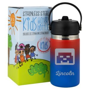 personalized water bottle for kids - small 12oz bpa free custom insulated stainless steel bottle for school w/name for girl or boy - w/reusable straw (red/blue)