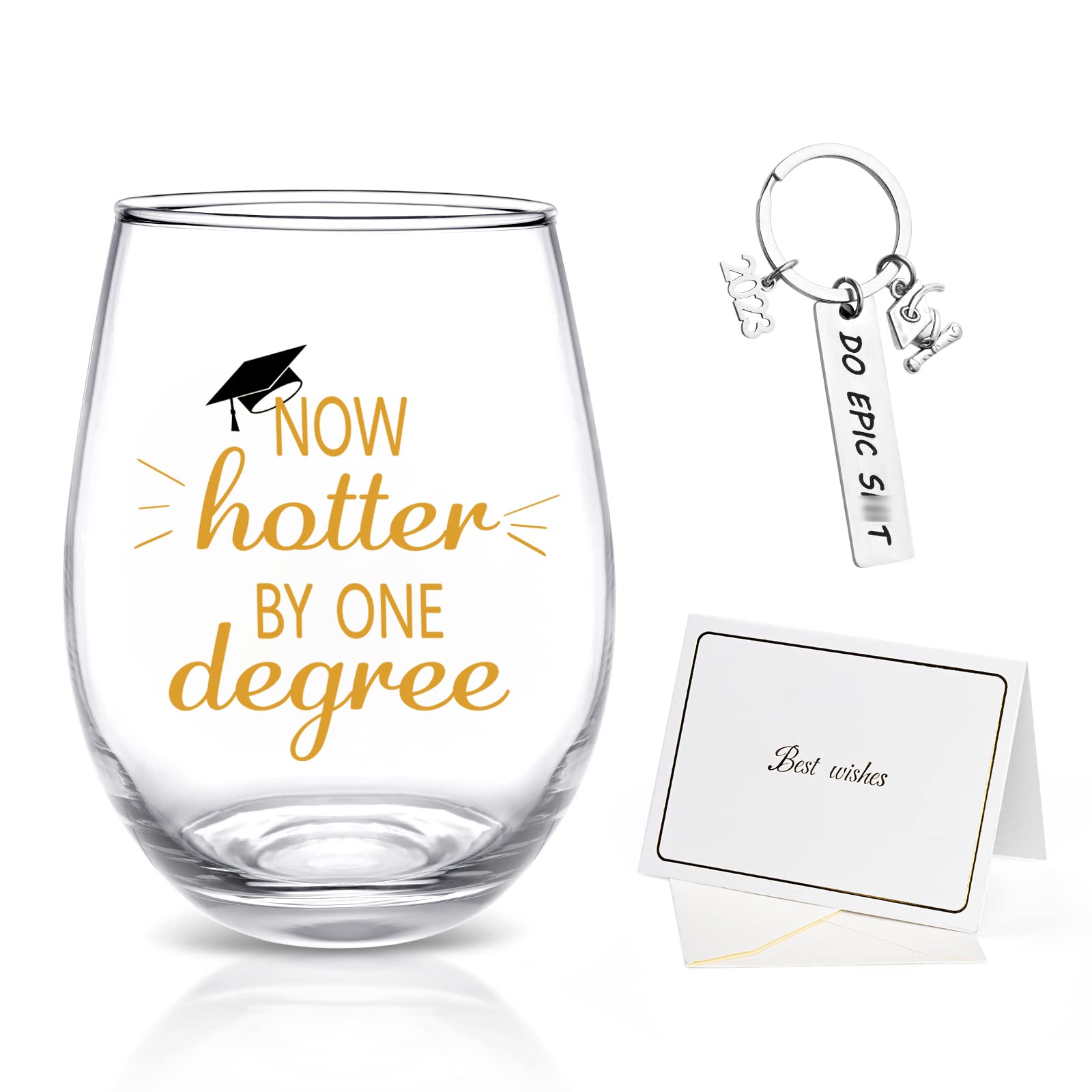 Futtumy Graduation Gift, Now Hotter by One Degree Stemless Wine Glass with Keychain and Card, Graduation Gifts for Her Friend Him Masters Degree College High School Graduates College Grad, 17Oz