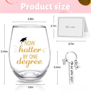 Futtumy Graduation Gift, Now Hotter by One Degree Stemless Wine Glass with Keychain and Card, Graduation Gifts for Her Friend Him Masters Degree College High School Graduates College Grad, 17Oz