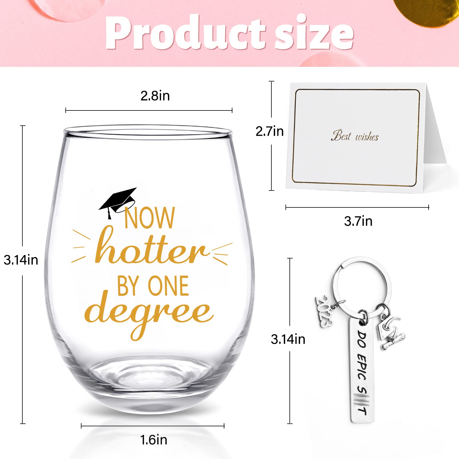 Futtumy Graduation Gift, Now Hotter by One Degree Stemless Wine Glass with Keychain and Card, Graduation Gifts for Her Friend Him Masters Degree College High School Graduates College Grad, 17Oz