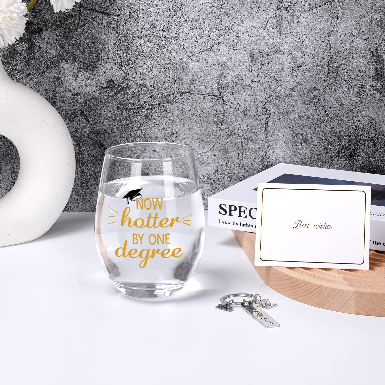 Futtumy Graduation Gift, Now Hotter by One Degree Stemless Wine Glass with Keychain and Card, Graduation Gifts for Her Friend Him Masters Degree College High School Graduates College Grad, 17Oz