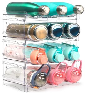 jupeli water bottle organizer, 4 pack stackable cup organizer for cabinet, plastic tumbler travel mug holder, wine drink srack for kitchen countertop freezer pantry organizers and storage - clear