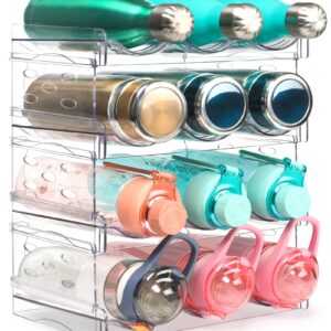 JUPELI Water Bottle Organizer, 4 Pack Stackable Cup Organizer for Cabinet, Plastic Tumbler Travel Mug Holder, Wine Drink Srack for Kitchen Countertop Freezer Pantry Organizers and Storage - Clear