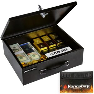 voncabay money safe box for home & fireproof money bag for cash safe, portable fireproof document box with keys, 0.33 cubic feet lock box with hand grip for personal items, cash,jewelry, gun