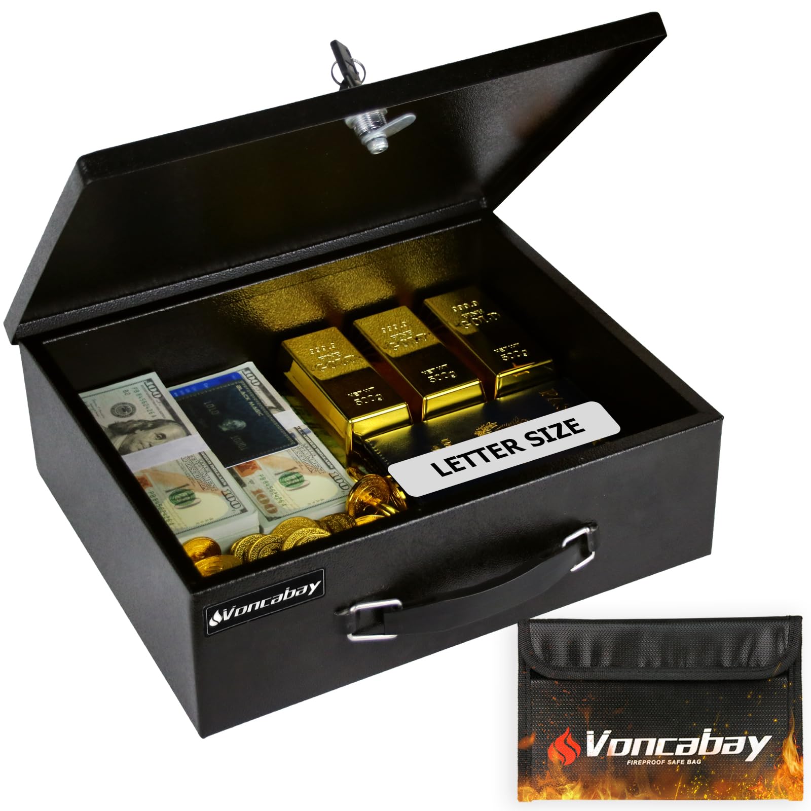 Voncabay Money Safe Box for Home & Fireproof Money Bag for Cash Safe, Portable Fireproof Document Box with Keys, 0.33 Cubic Feet Lock Box with Hand Grip for Personal Items, Cash,Jewelry, Gun