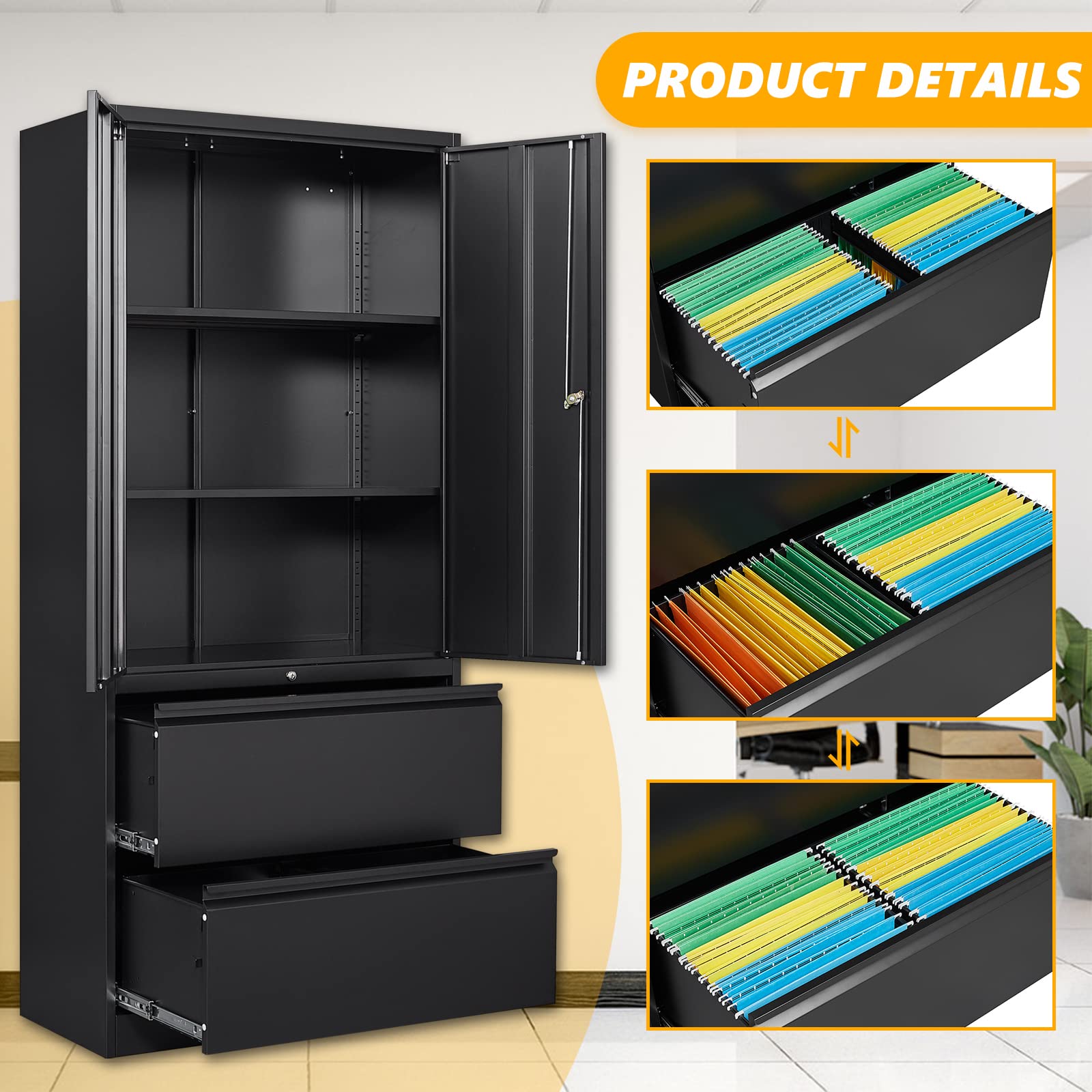 File Cabinet, Metal Cabinet for Home Office, Metal Storage Cabinet with Adjustable Shelf and Drawers, Filing Cabinets for Letter/Legal/F4/A4 Size Files, Assemble Required