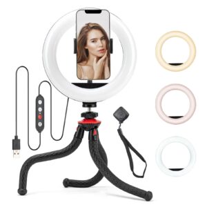 fotopro 8'' ring light tripod stand, selfie ring light with phone mount holder and remote led dimmable ringlight with flexible mini tabletop tripod for makeup vlogging video live streaming