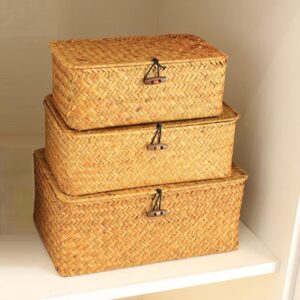 aomygod 3 pcs wicker shelf storage baskets with lid handwoven seagrass rectangular box with cover household woven rattan organizer bins shelf wardrobe organizer (beige)