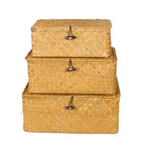 AOMYGOD 3 Pcs Wicker Shelf Storage Baskets with Lid Handwoven Seagrass Rectangular Box with Cover Household Woven Rattan Organizer Bins Shelf Wardrobe Organizer (Beige)