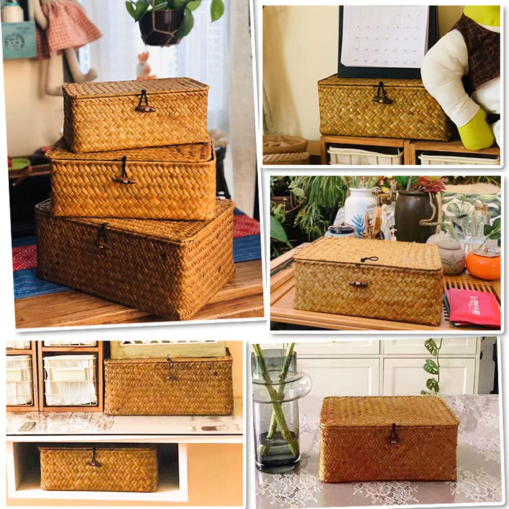 AOMYGOD 3 Pcs Wicker Shelf Storage Baskets with Lid Handwoven Seagrass Rectangular Box with Cover Household Woven Rattan Organizer Bins Shelf Wardrobe Organizer (Beige)