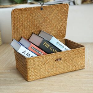 AOMYGOD 3 Pcs Wicker Shelf Storage Baskets with Lid Handwoven Seagrass Rectangular Box with Cover Household Woven Rattan Organizer Bins Shelf Wardrobe Organizer (Beige)