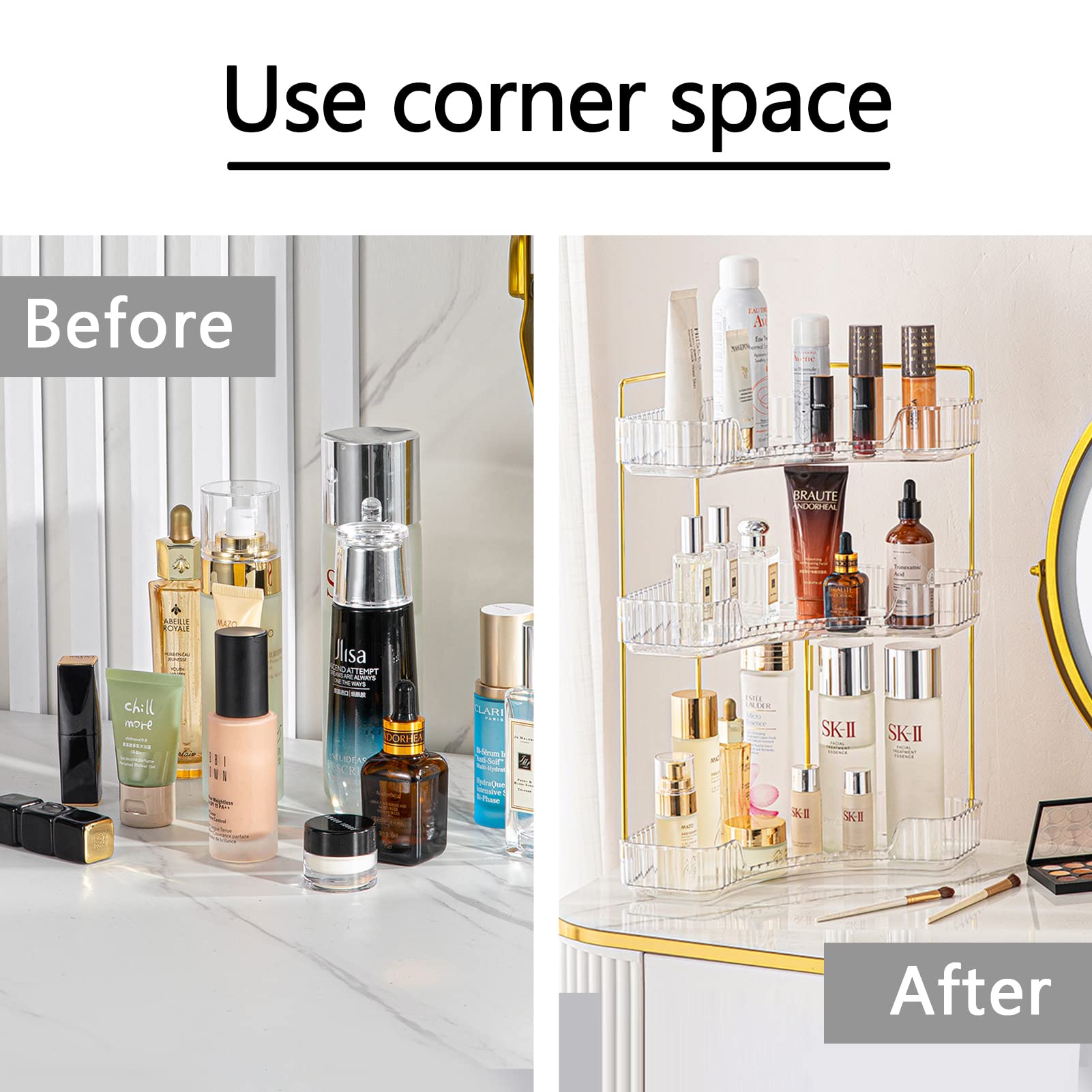 shuang qing 3-Tier Corner Bathroom Counter Organizer, Countertop Perfume Tray and Vanity Organizer, Makeup Cosmetic Storage, Corner Storage Organizers for Bathroom, Dresser, Kitchen (Clear)