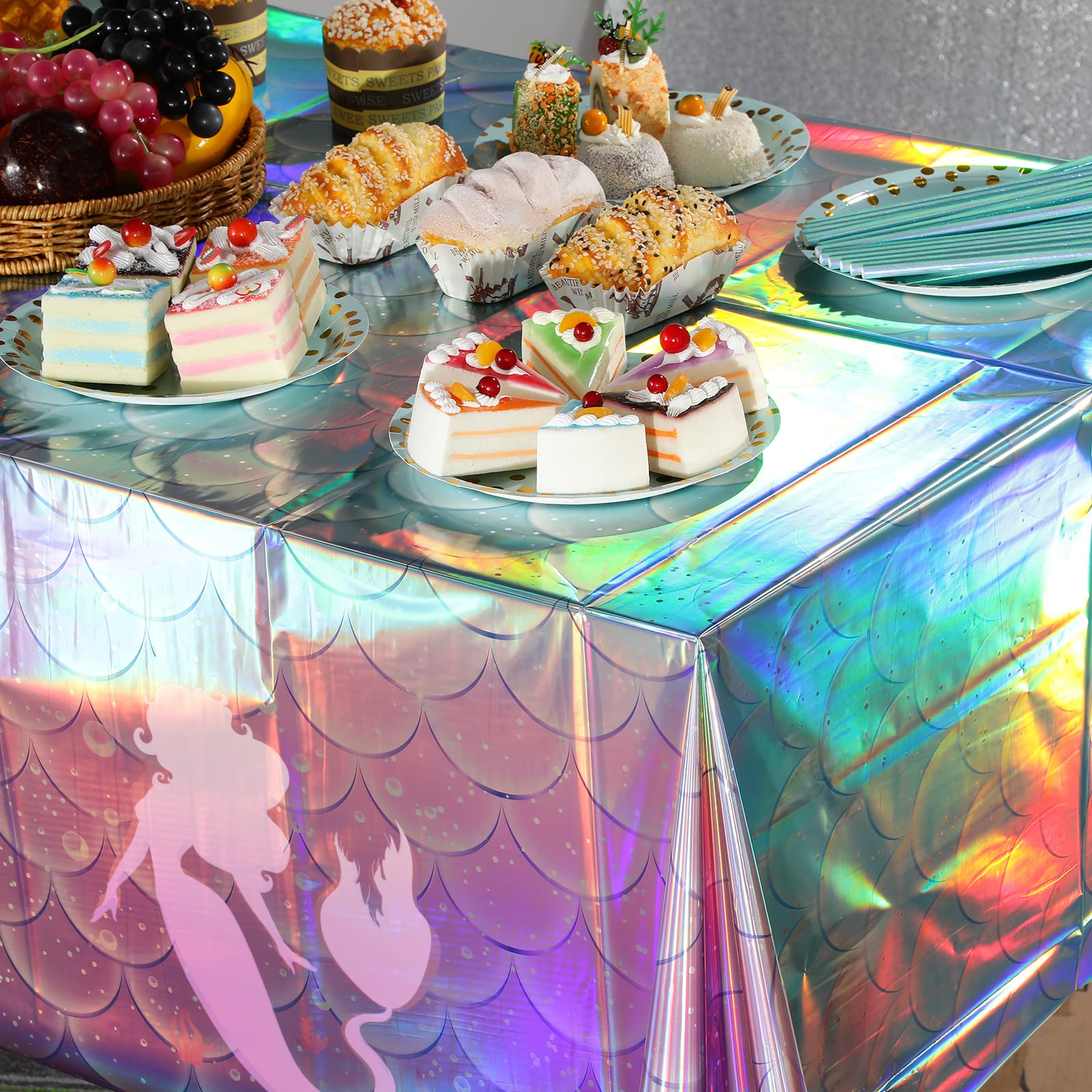 3Pcs Mermaid Iridescence Plastic Tablecloths,Mermaid Laser Table Cloths Holographic Foil Disposable Table Cover for Girls Birthday Wedding Disco Holiday Mermaid Themed Party Decorations 54 x108 inch