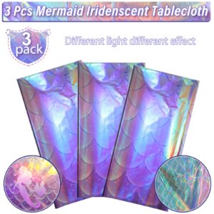 3Pcs Mermaid Iridescence Plastic Tablecloths,Mermaid Laser Table Cloths Holographic Foil Disposable Table Cover for Girls Birthday Wedding Disco Holiday Mermaid Themed Party Decorations 54 x108 inch