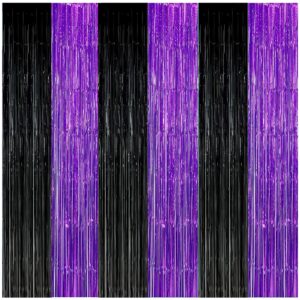 Graduation Decorations 2024 Purple Black Foil Fringe Backdrops, Black Purple Party Decorations Streamer Tinsel Curtains for Graduation Birthday Halloween Party(3 Pack)