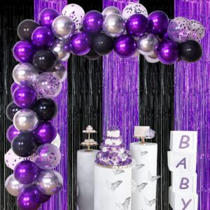 Graduation Decorations 2024 Purple Black Foil Fringe Backdrops, Black Purple Party Decorations Streamer Tinsel Curtains for Graduation Birthday Halloween Party(3 Pack)