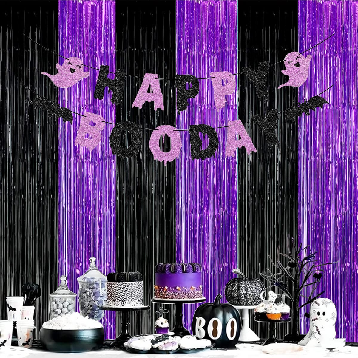 Graduation Decorations 2024 Purple Black Foil Fringe Backdrops, Black Purple Party Decorations Streamer Tinsel Curtains for Graduation Birthday Halloween Party(3 Pack)