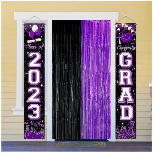 Graduation Decorations 2024 Purple Black Foil Fringe Backdrops, Black Purple Party Decorations Streamer Tinsel Curtains for Graduation Birthday Halloween Party(3 Pack)