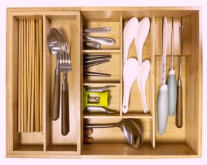 coiwai double layer bamboo kitchen drawer organizer, utensil drawer organizer, silverware & cutlery tray,with slidable & removable utensil tray,with knife holder, flatware organizer, drawer divider,