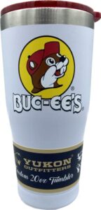 buc-ee's white stainless steel freedom tumbler with color logo, double wall vacuum insulated, tinted slide lid, powder finish, 20 ounces