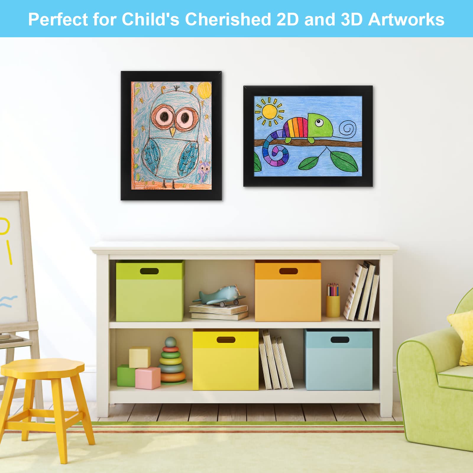 [2Pack] Kids Art Frames, 9x12 Front Opening Kids Artwork Frames Changeable, Black Artwork Display Storage Frame for Wall, Holds 50 Pcs, for 3D Picture, Crafts, Children Drawing, Hanging Art, Portfolio
