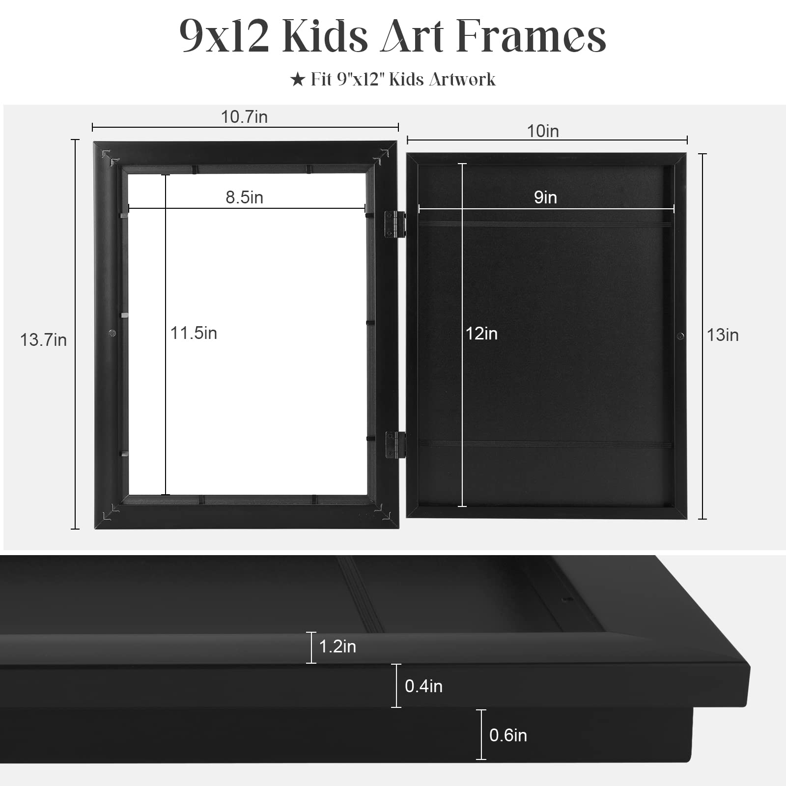 [2Pack] Kids Art Frames, 9x12 Front Opening Kids Artwork Frames Changeable, Black Artwork Display Storage Frame for Wall, Holds 50 Pcs, for 3D Picture, Crafts, Children Drawing, Hanging Art, Portfolio