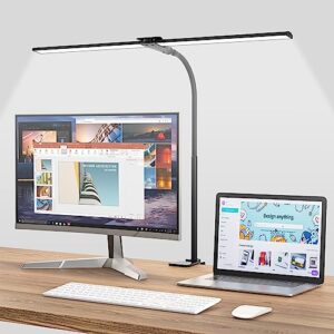hensam led desk lamp for home office,bright double head desk lamp with clamp,dimmable 5 color modes desk lighting,12w eye-caring architect table lamp for workbench,monitor,reading,study,1400lm