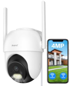 arenti 5g wifi outdoor security camera, 4mp home surveillance wifi camera, plug-in，pan/tilt, 2.4g/5ghz dual bands, color night vision sound/light alarm ai human filtering auto tracking two-way talk