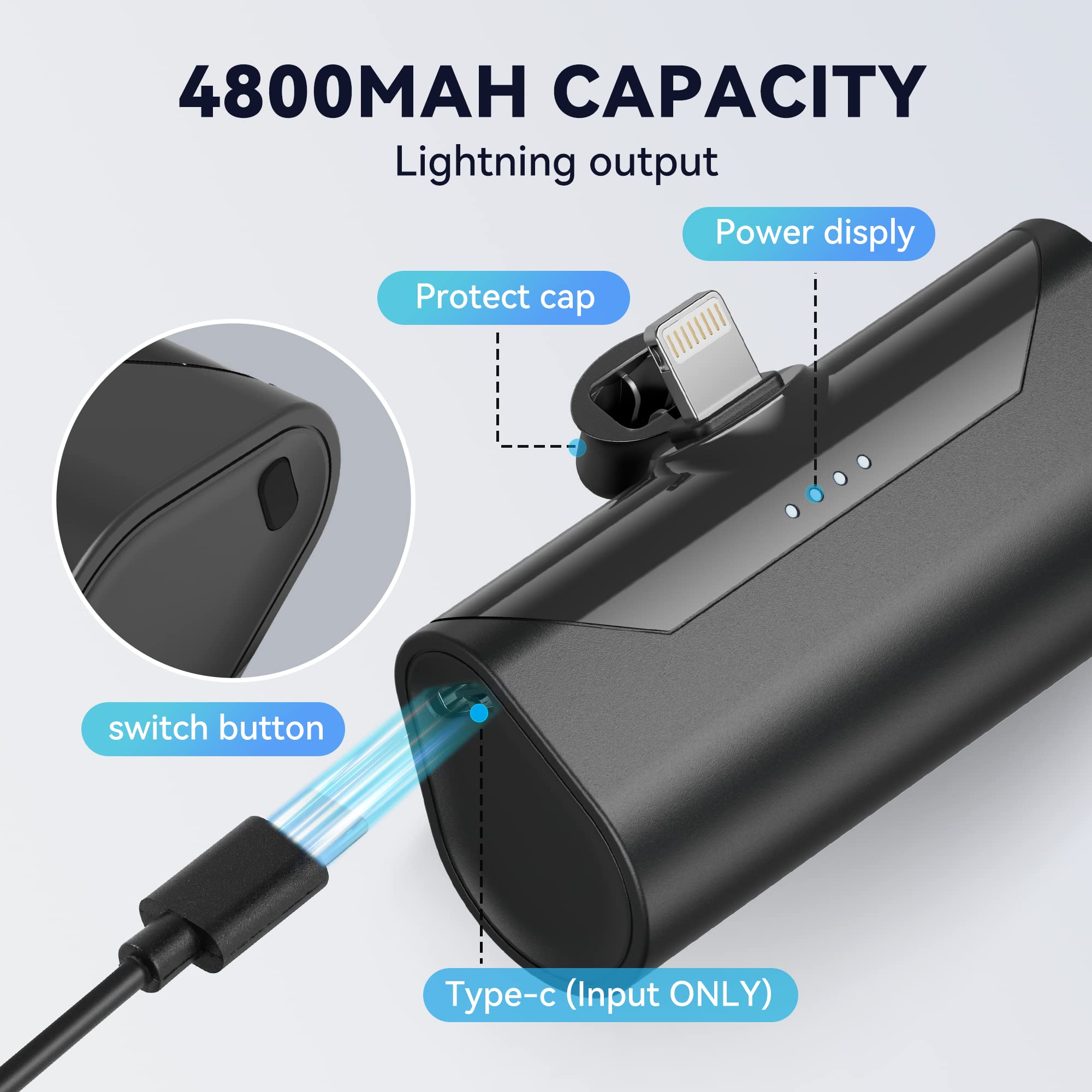 TCNOLL Mini Portable Charger 4800mAh Small Power Bank Battery Charger Fast Charging 15W Ultra-Compact Lightning Output External Battery Pack for iPhone 14 Pro Max 13 12 11 8 7 6s iPad 2024