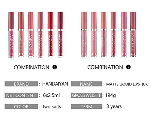 KBTPMTL HANDAIYAN 6 Pcs Matte Liquid Lipstick Makeup Set, 6 Lipstick Set Non-stick Matte Lip Gloss Set Multi-color Lipstick (A)